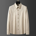 Coffee coloured striped men's long-sleeved shirt with slim fit and non-iron wool lining