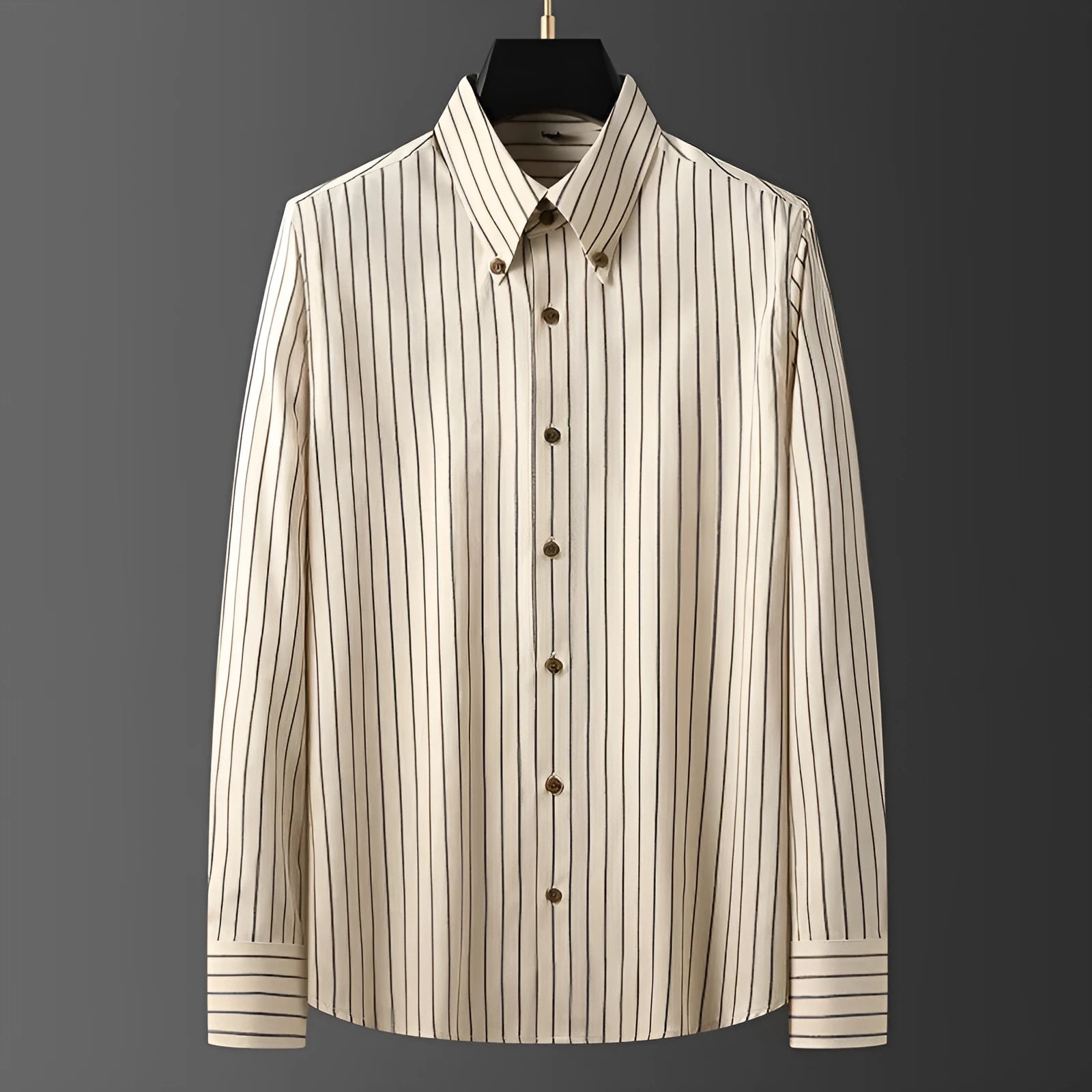 Coffee coloured striped men's long-sleeved shirt with slim fit and non-iron wool lining
