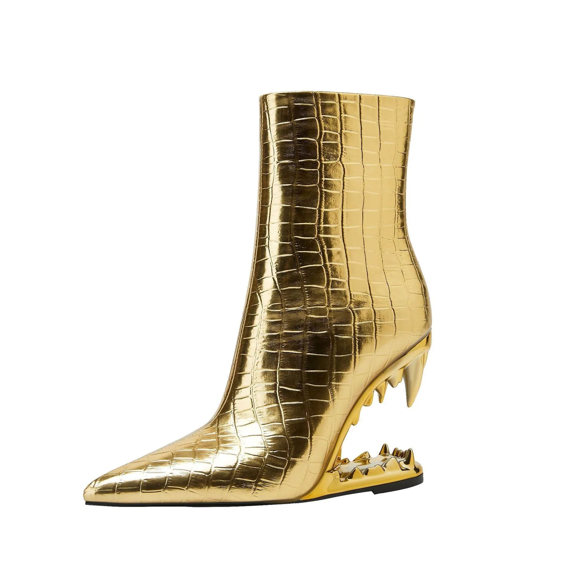 Gold women's pointed tiger tooth heel wedge shoes with side zipper and rubber sole