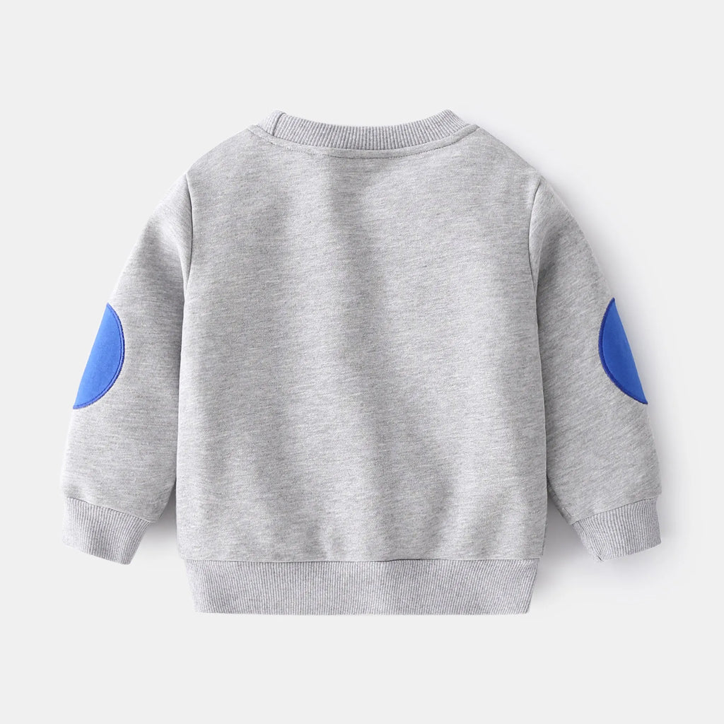 Casual boys cotton pullover sweatshirt with English print in navy blue on child model