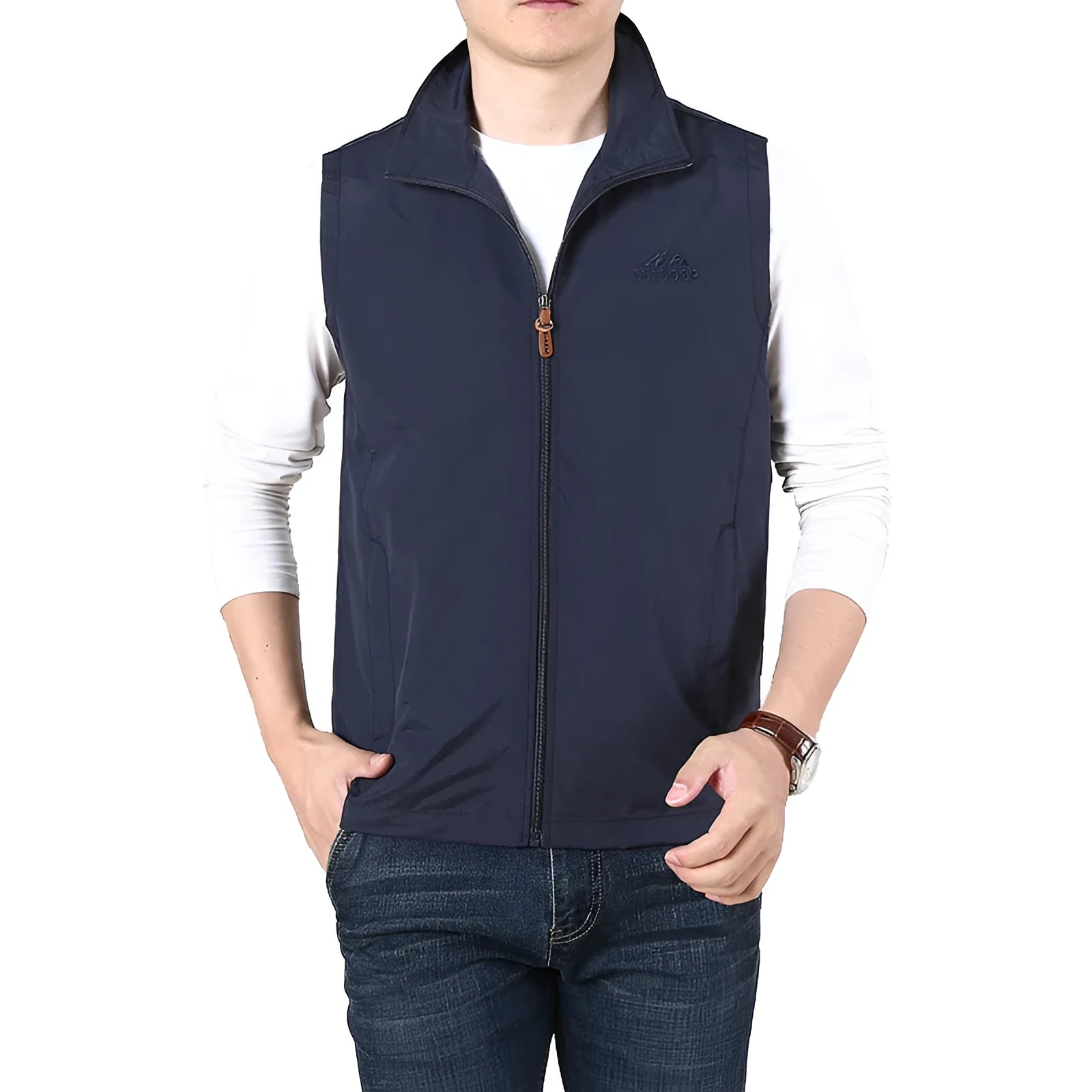Men's thin waistcoat vest in chemical fibre blend fabric with side seam pockets and nylon lining