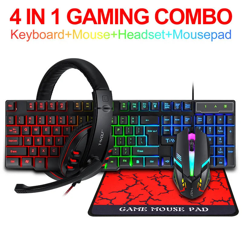 Thunder Wolf T800 gaming keyboard mouse headset combo set with mouse pad on desktop