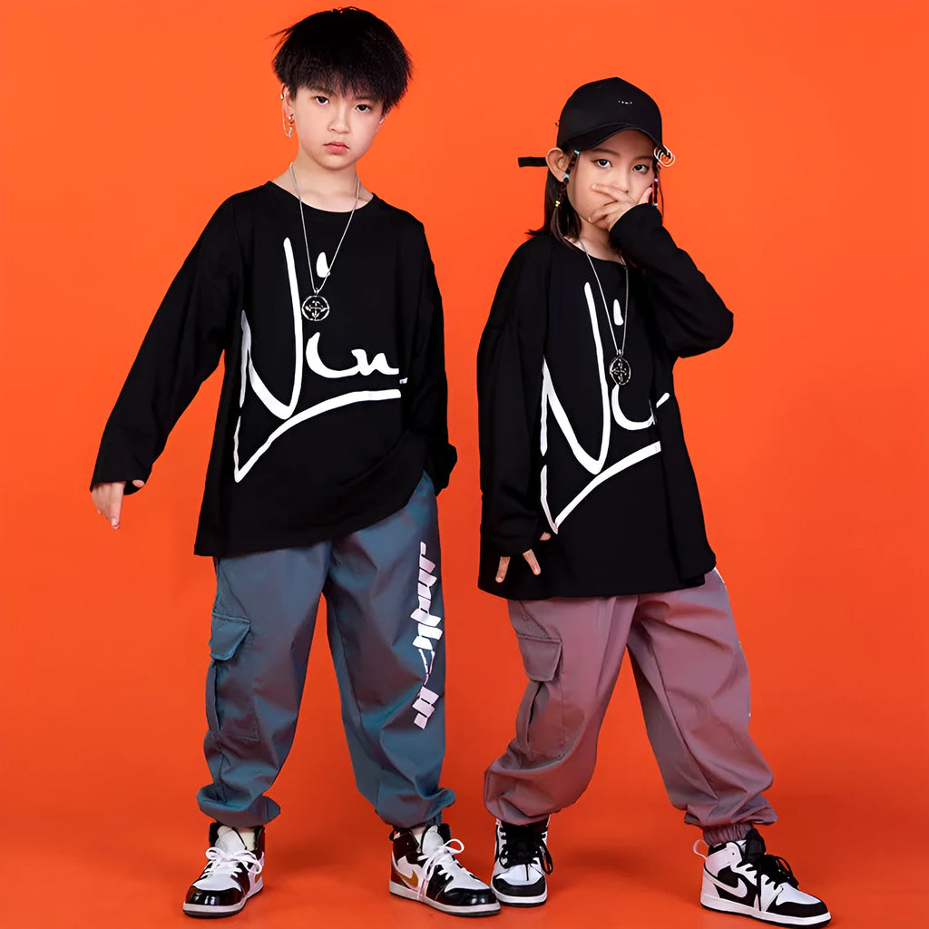 Children's cotton hip-hop clothing set in orange, black, grey-blue or pink, loose dance wear for boys and girls