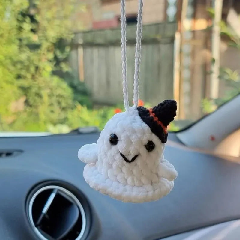 Hand-woven plush automobile hanging ornament with cartoon design for car interior decoration