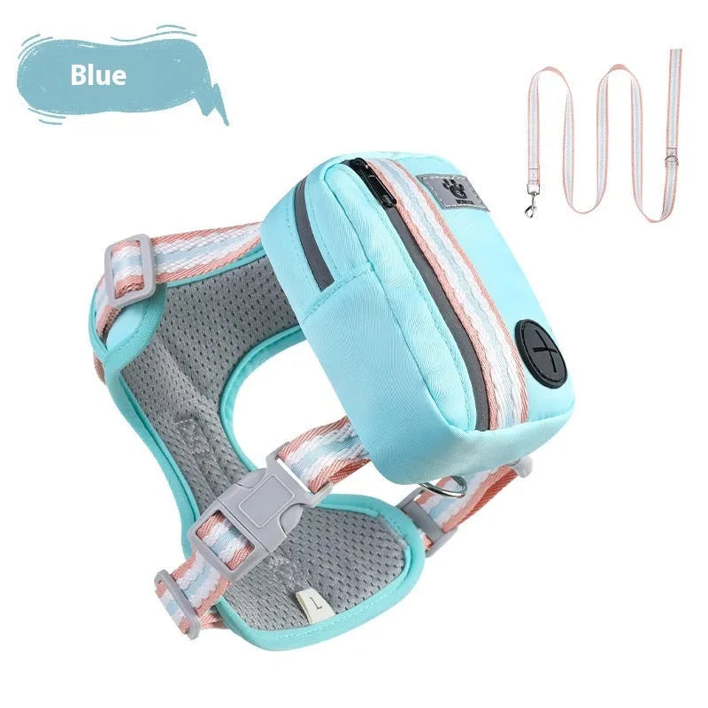 Pink explosion-proof dog harness with Y-front design and safety buckle on a dog, includes a 1.5m lead.