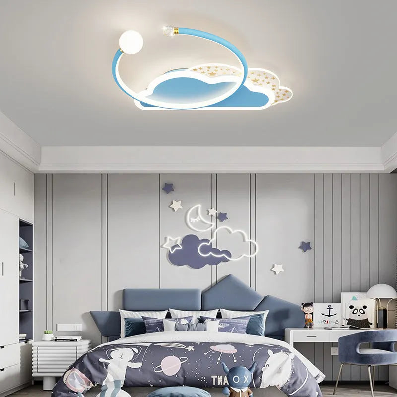 Children's moon and cloud themed ceiling lamp with colour changing lights and dimming function