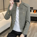 Men's slim fit plaid suit coat in brown, grey, khaki, or light green, sizes M to 4XL, acetate fibre, polyester lining.