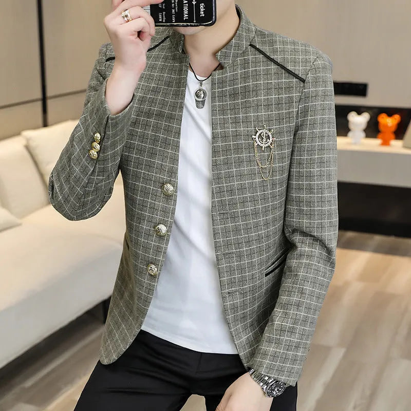 Men's slim fit plaid suit coat in brown, grey, khaki, or light green, sizes M to 4XL, acetate fibre, polyester lining.