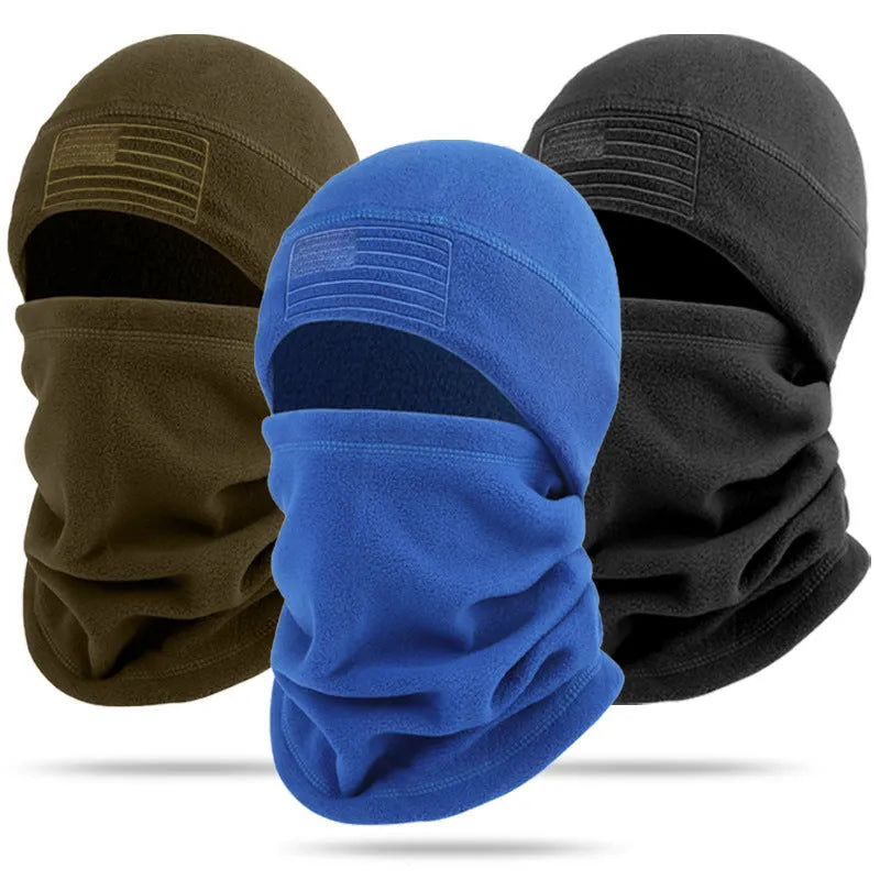 Polar fleece winter scarf and hat set in black, showing coordinated head and neck gear for cold weather