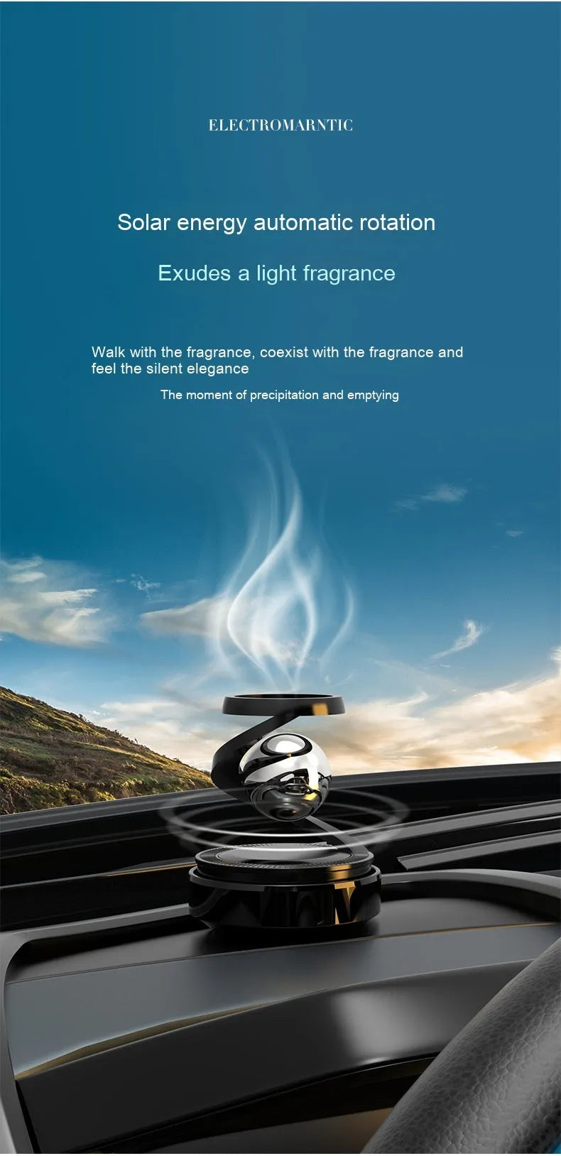 Solar-powered car aromatherapy perfume unit with fragrance liquid for vehicle odour removal