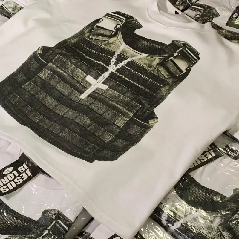 Printed short-sleeve cotton t-shirt with drop-shoulder sleeves and a contrast colour graphic on the front.