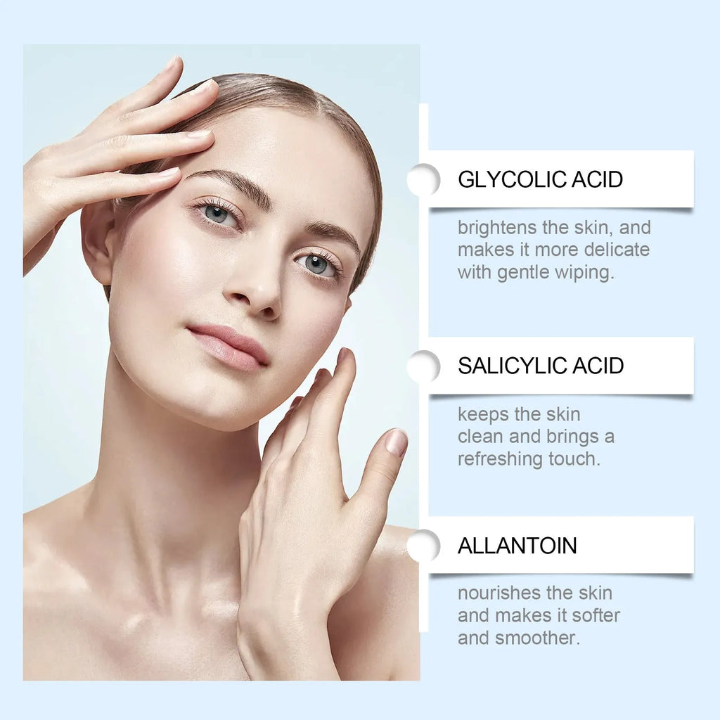 Glycolic acid facial exfoliation cloths with 60 pre-moistened cotton pads containing vitamin C and hyaluronic acid