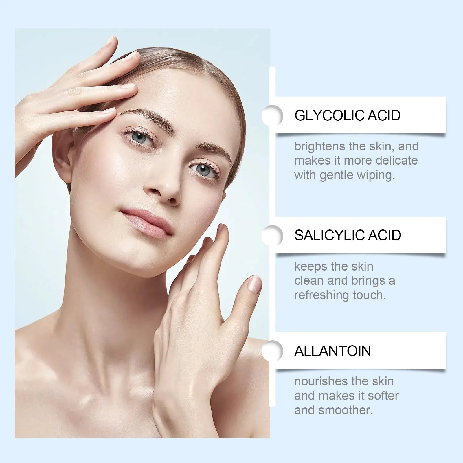 Glycolic acid facial exfoliation cloths with 60 pre-moistened cotton pads containing vitamin C and hyaluronic acid