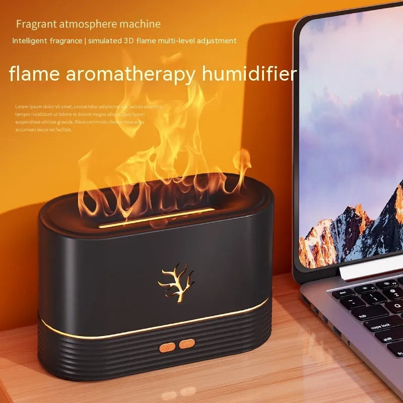 Square black or white USB flame humidifier and aroma diffuser with glowing LED fire effect.