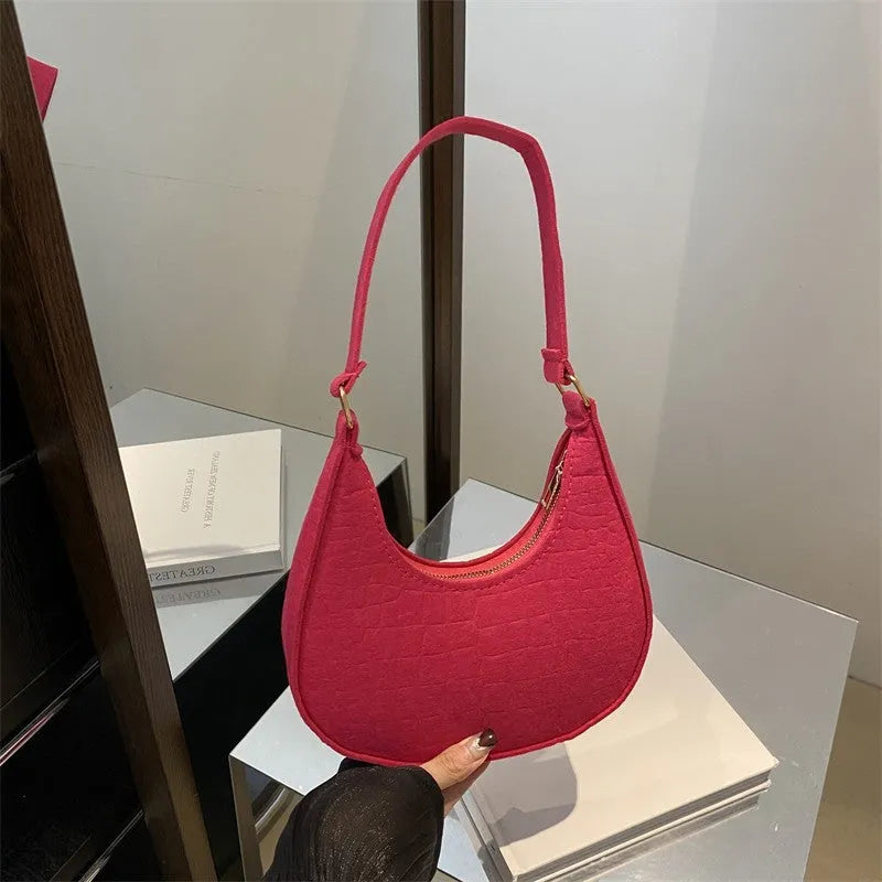 Casual felt shoulder handbag in orange red, rose red, black, brown, khaki, or green with polyester lining