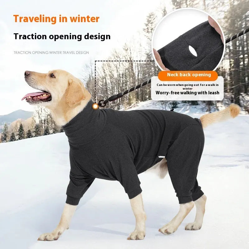 Four-leg polar fleece dog coat with high collar in dark grey or wine red colour options