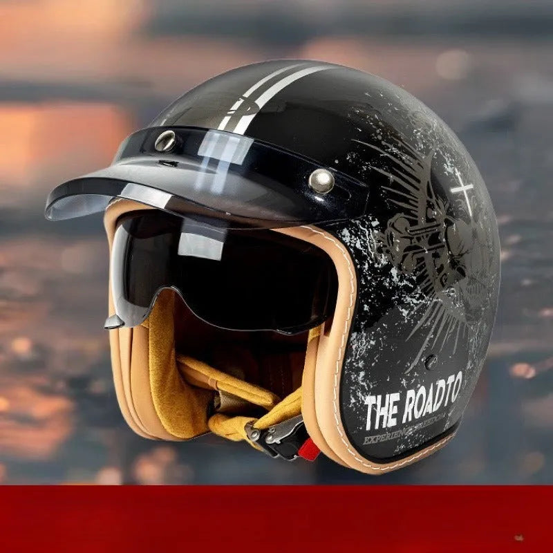 Adult motorcycle helmet with built-in goggles, ABS shell, multiple colours including Beige Highway and Black Dots