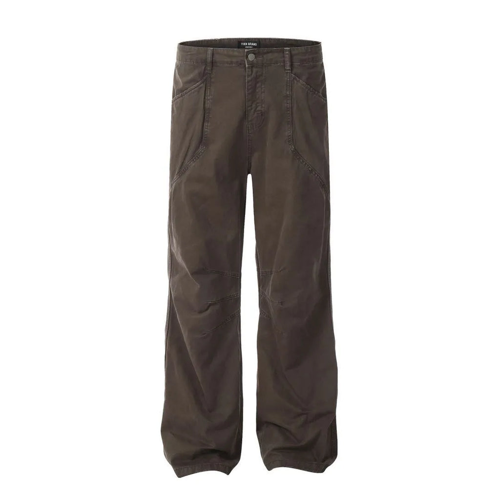 Men's loose straight-leg cotton trousers in brown colour with high waist and zip fly closure