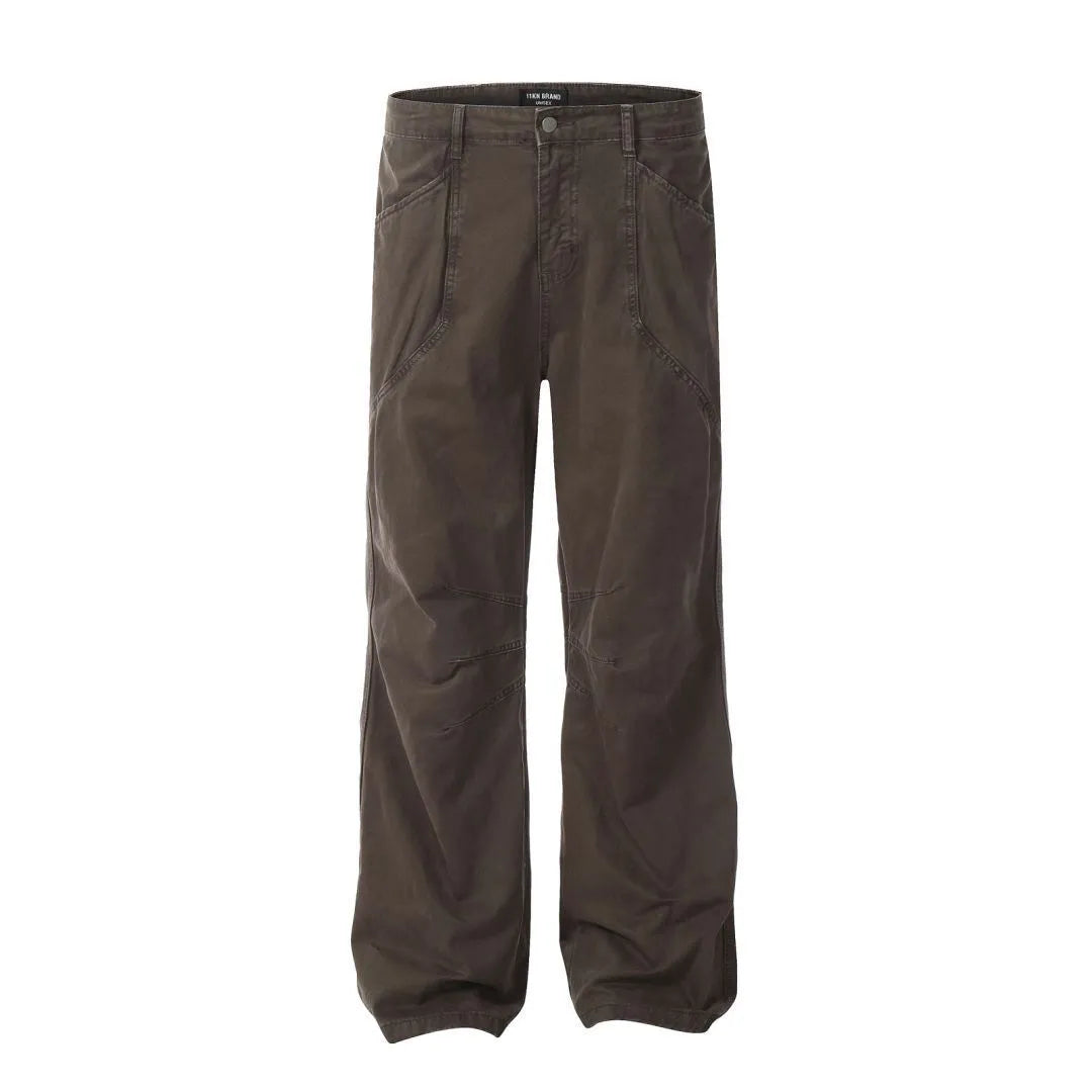Men's loose straight-leg cotton trousers in brown colour with high waist and zip fly closure