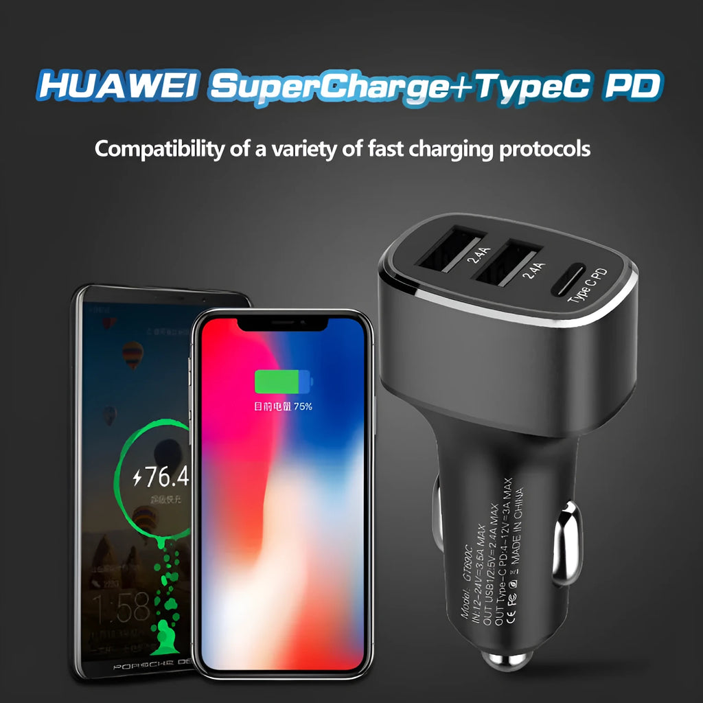 Dual USB and Type C car fast charger with QC 3.0 and PD support in black or grey