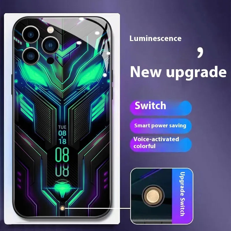 Racing car creative style light glass phone case in green or purple, half pack design for iPhone 11 to 15 series