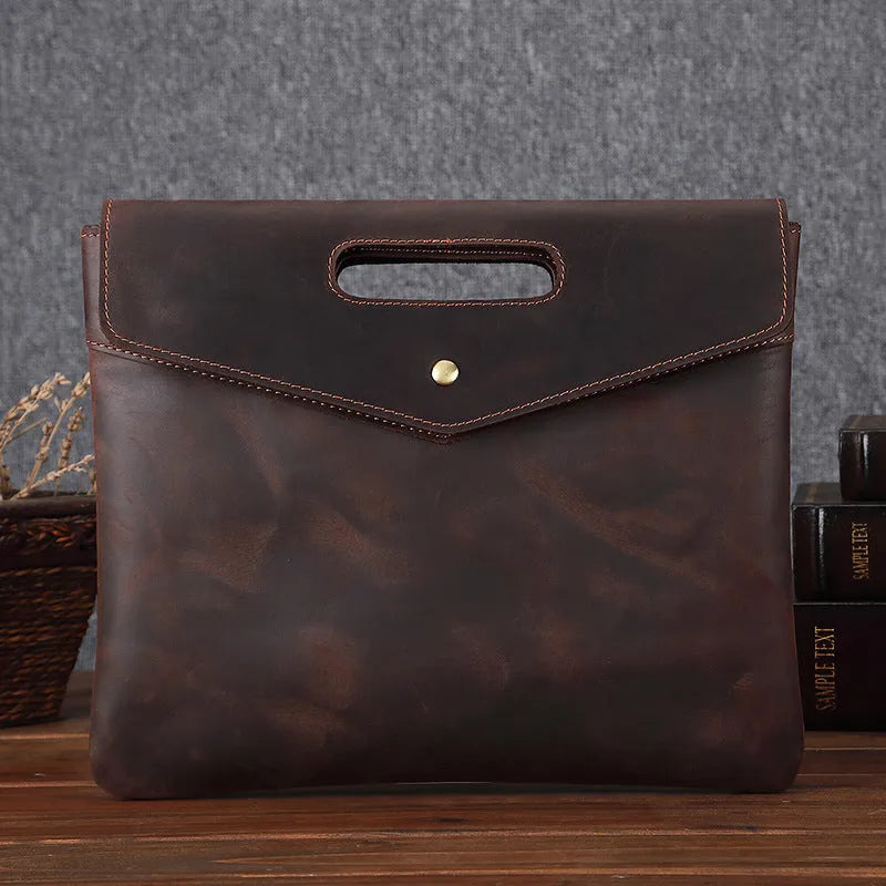 Genuine leather vintage business briefcase in brown envelope style with soft handle