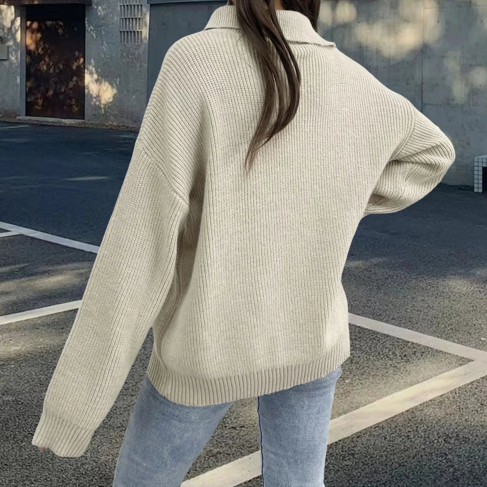 Women's light khaki alpaca wool pullover sweater with a diagonal oblique zipper and a loose lapel turtleneck collar.