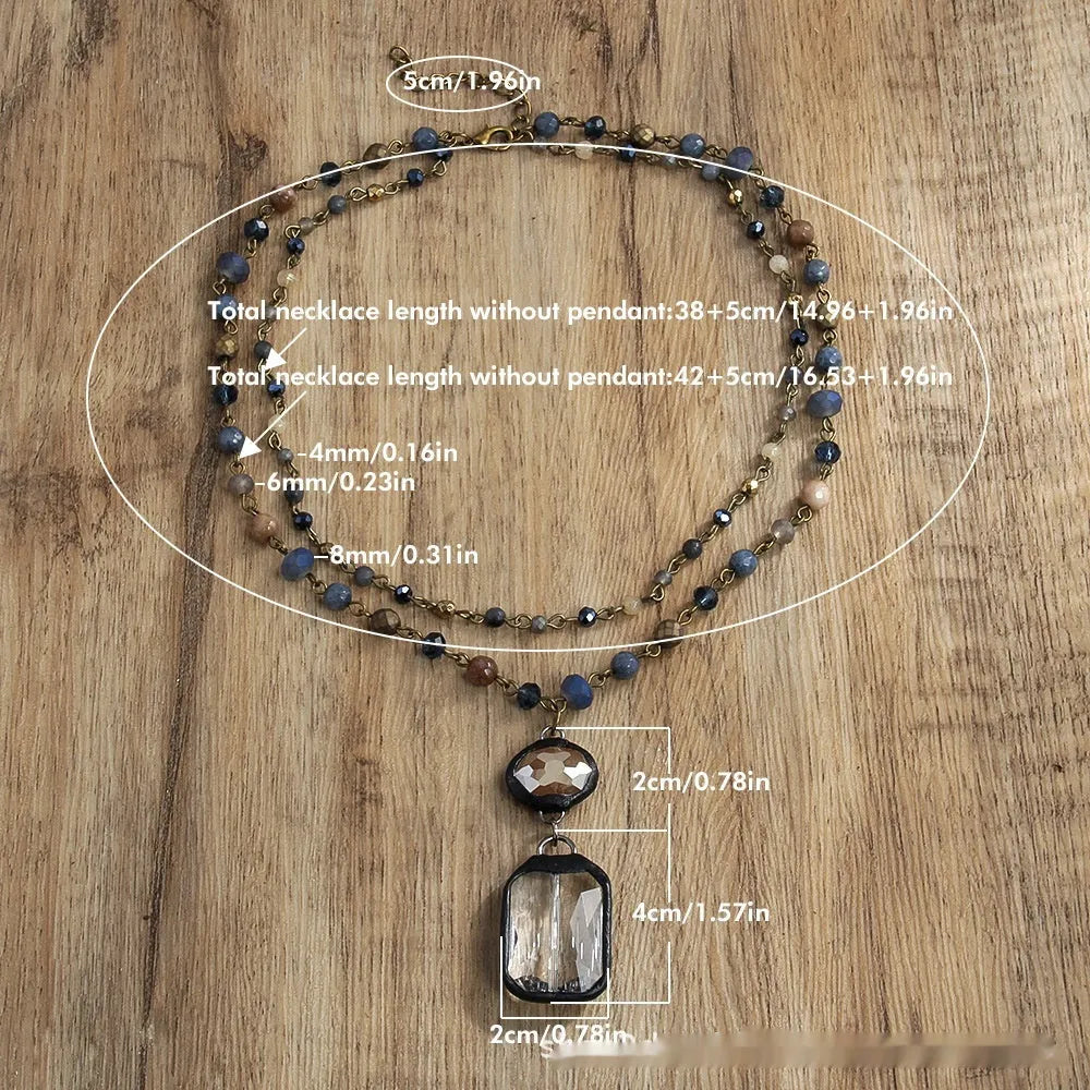 Tribal style two-layer necklace with glass pendant and semi-precious stones on adjustable chain