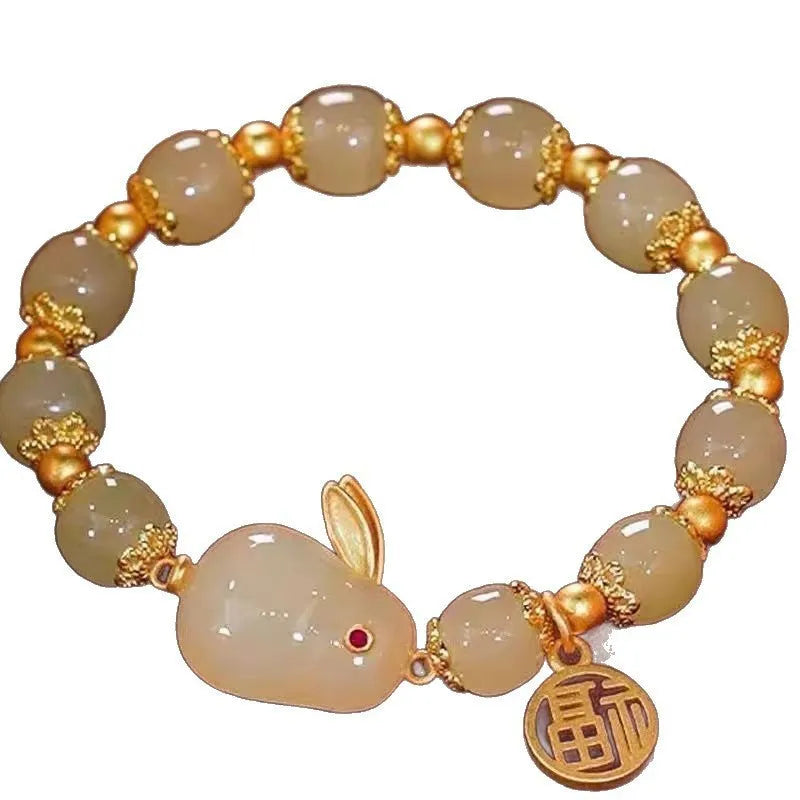 Chinese national style bracelet with rabbit motif glass and coloured glaze for women and men