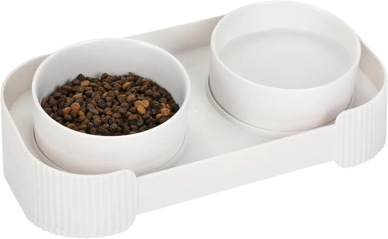 Green ceramic raised cat bowl set with two bowls on a 15° tilted stand and non-slip base.