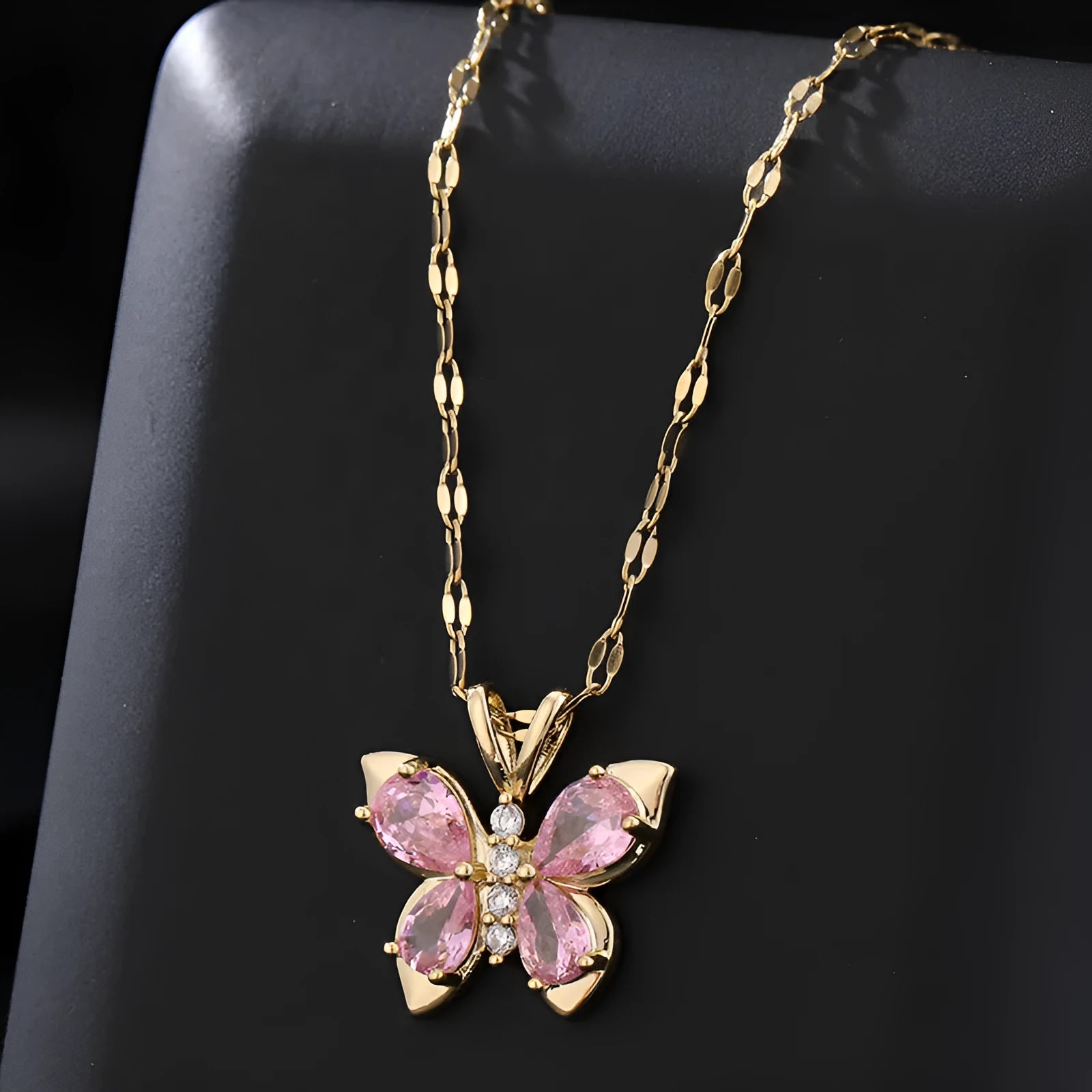 Titanium steel necklace with pink diamond butterfly pendant on O chain, anti-fade jewellery for women