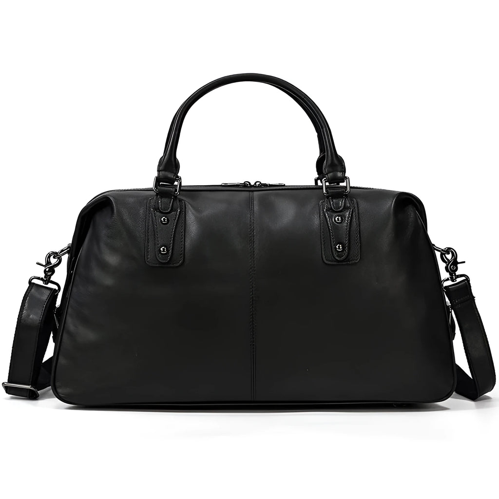 Retro genuine leather men's travel bag in black with large capacity, 50cm x 18cm x 28cm
