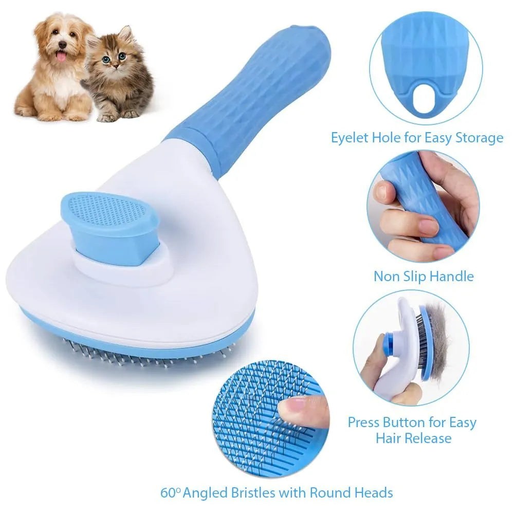 Blue cat grooming brush with a release button for removing loose fur and tangles.