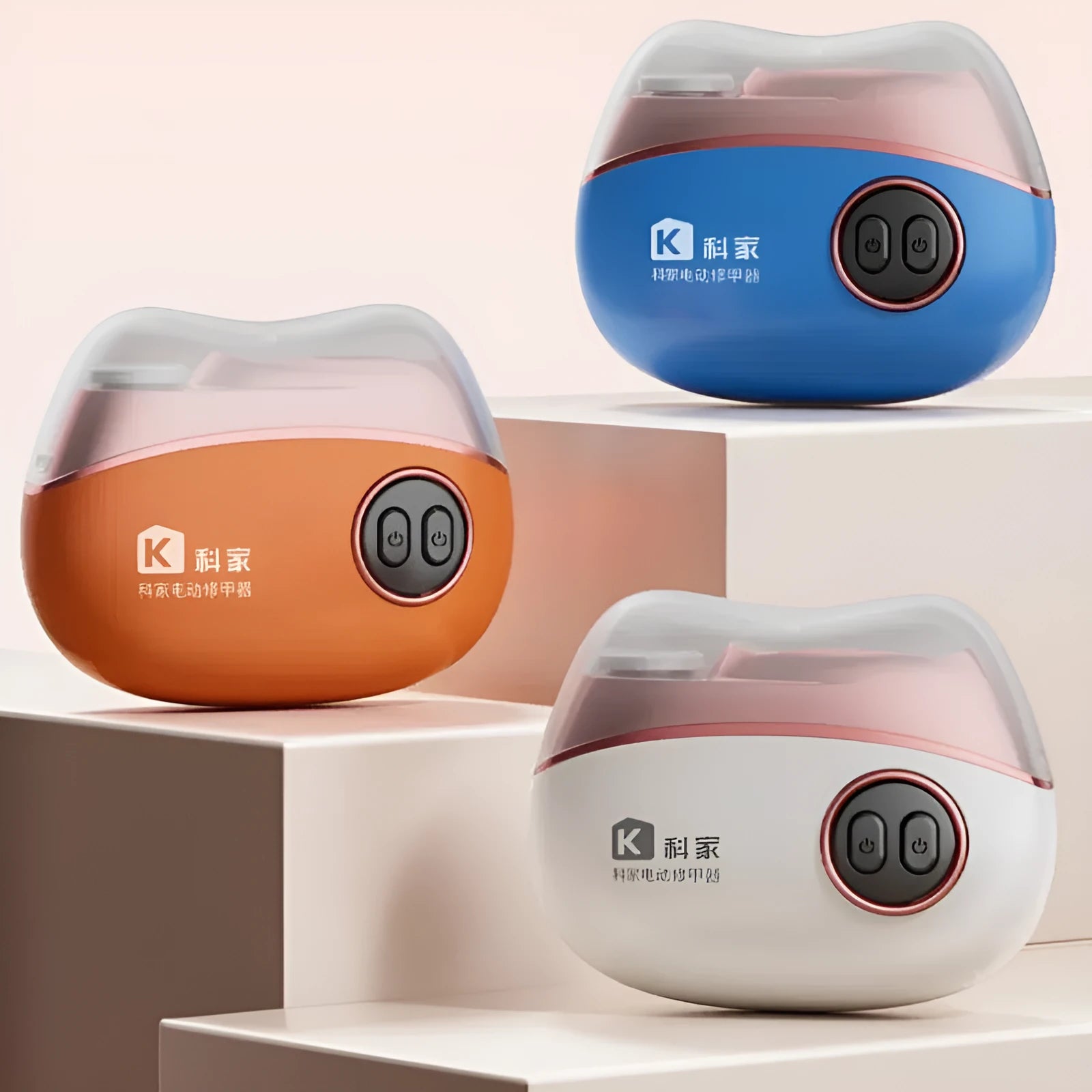 Blue, orange, and white electric nail clipper and polisher two-in-one device with USB charging cable and cleaning brush.