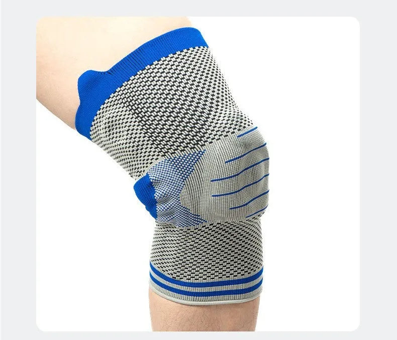 Cotton knee protector with silicone massage spring bar shock absorber in black and grey colour.