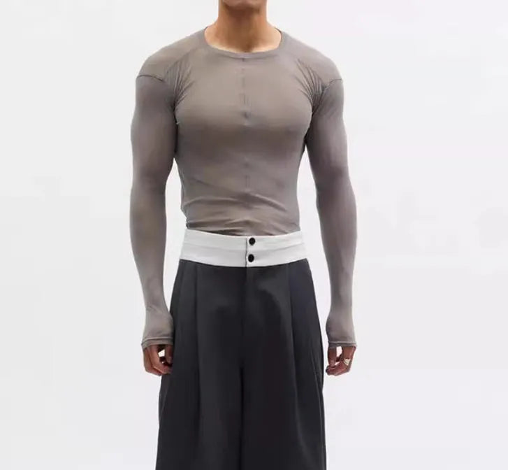Black mesh see-through texture slim-fit long sleeve PU pullover on a hanger.