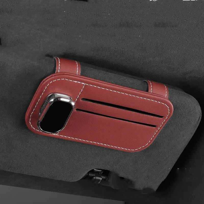 Genuine cowhide leather car sun visor organiser with card slots and integrated glasses clip