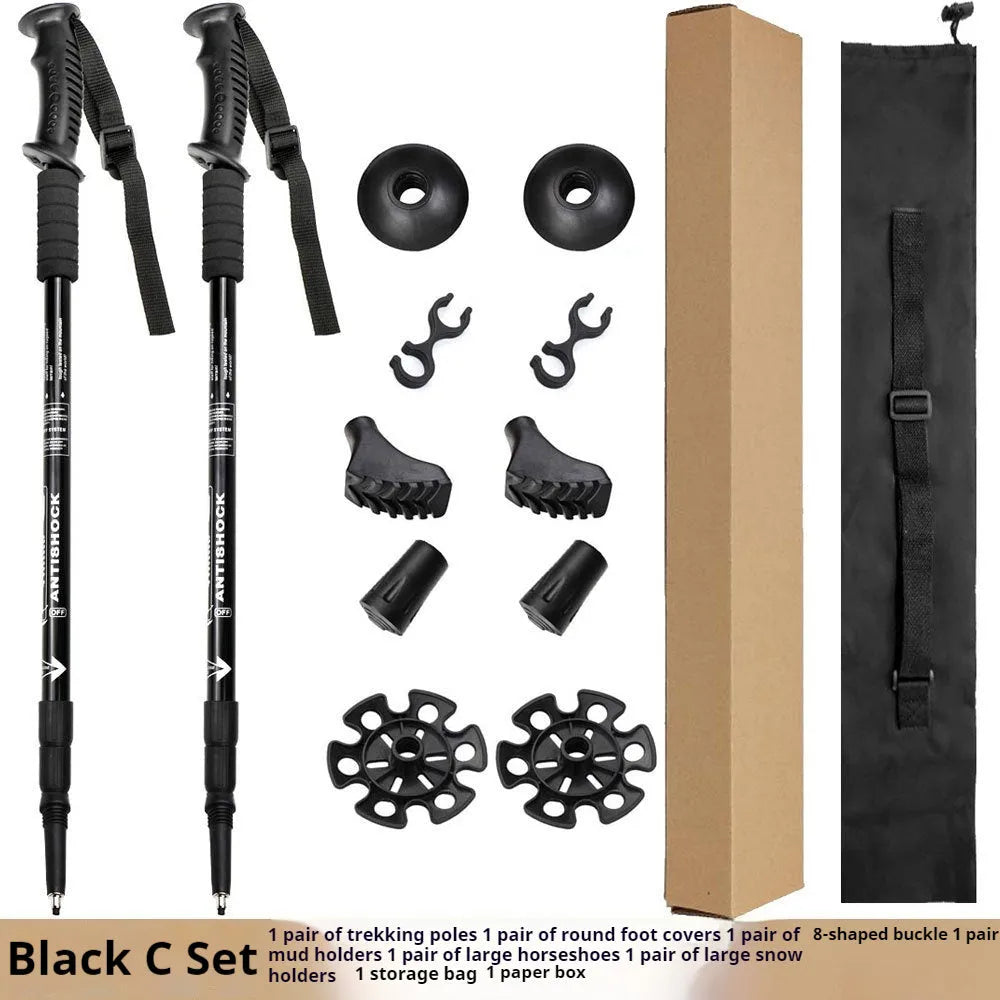 Aluminium alloy telescopic trekking poles with straight handles, adjustable from 65cm to 135cm, shown with mud supports and snow holders.