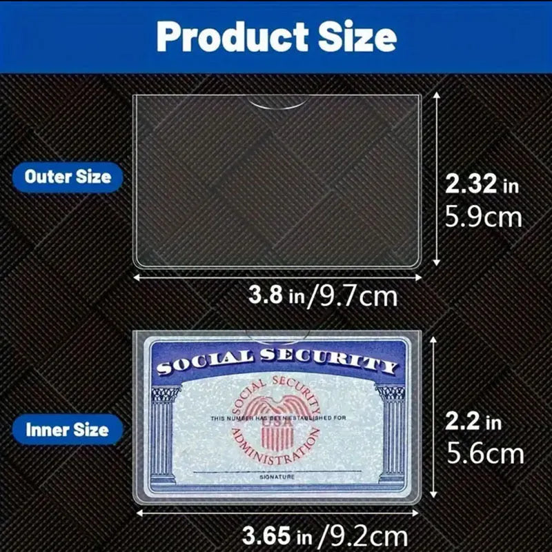 Clear PVC waterproof cover for a social security card, showing dimensions of 9.7 by 5.9 centimetres.