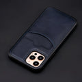 Dark blue PU leather protective case fitted on an iPhone, showing precise button and camera cutouts.