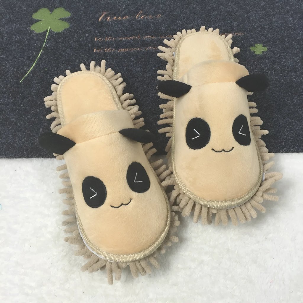 Brown panda slippers with removable plush covers and chenille soles