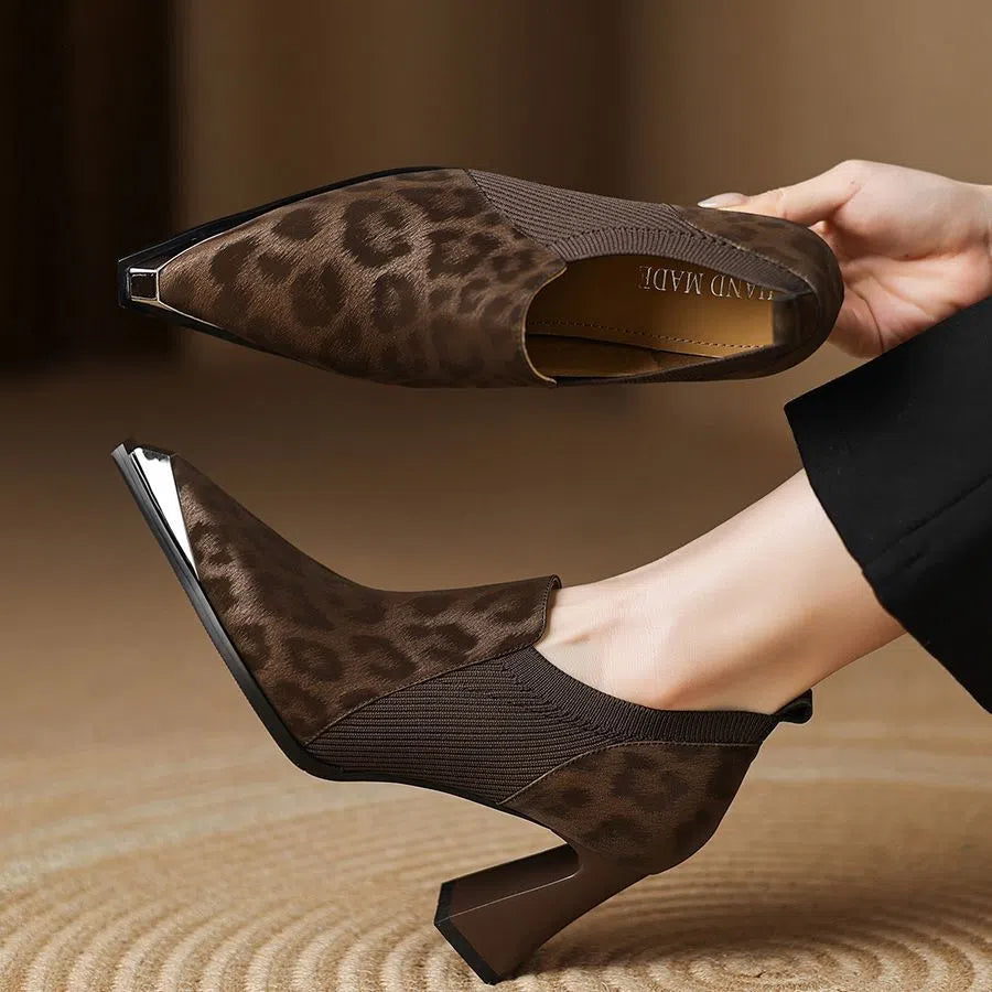 British leopard print metal head women's chunky heel high heels in black with pointed toe and waterproof platform