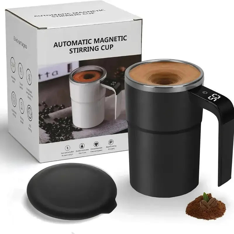 Black or white electric automatic stirring coffee mug with LCD screen and USB charging cable