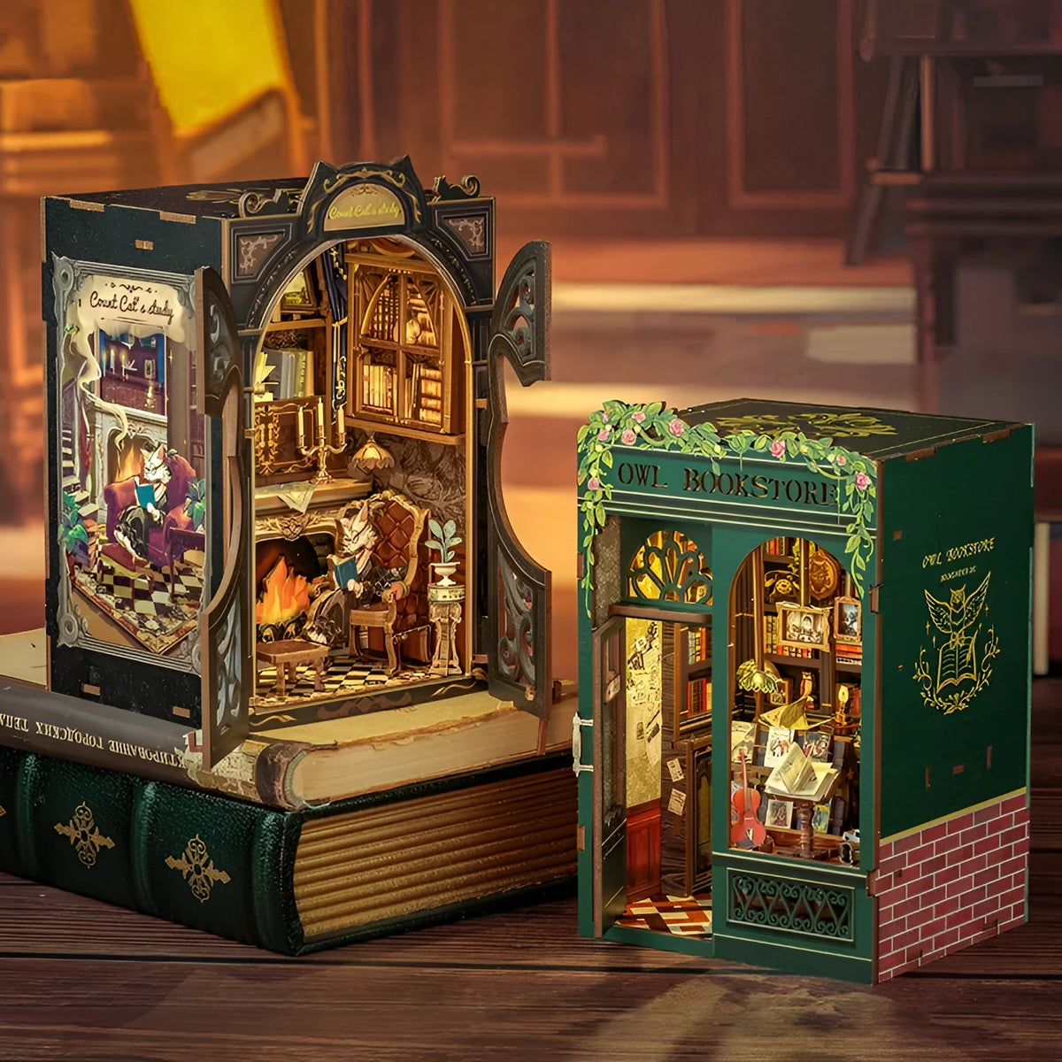 DIY wooden 3D hand-assembled owl bookstore building model with battery flash, 27.5x19.5x4cm