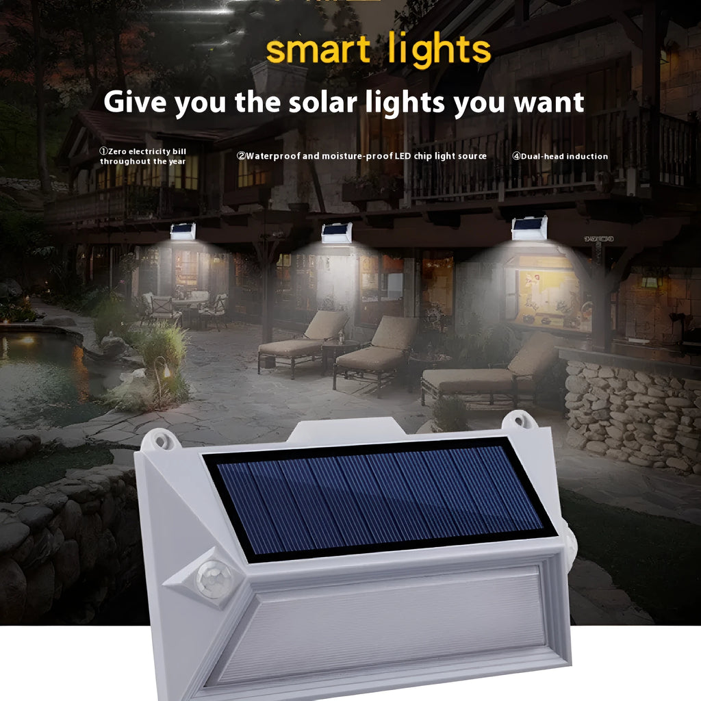 Solar-powered outdoor motion sensor step light in an abstract design.