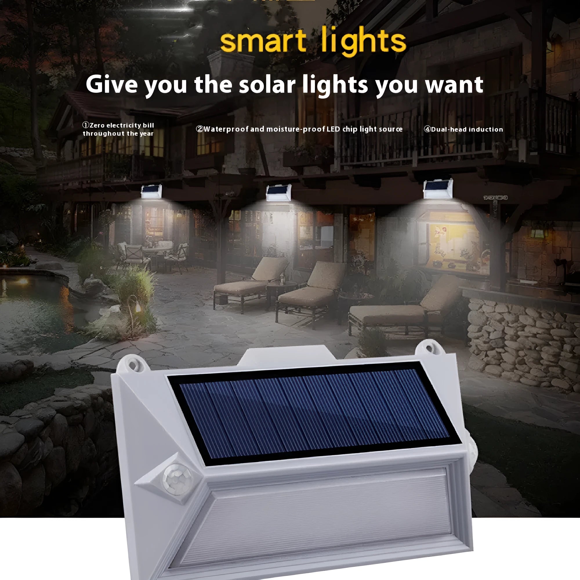 Solar-powered outdoor motion sensor step light in an abstract design.