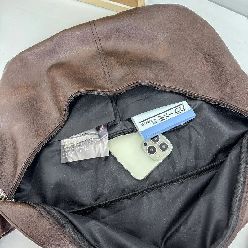 Retro brown men's crossbody bag showing 50cm width and PU construction with adjustable strap