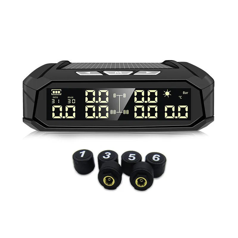 Solar-powered external tyre pressure monitor display unit with colour LCD screen for 6-tire trucks.