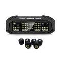 Solar-powered external tyre pressure monitor display unit with colour LCD screen for 6-tire trucks.