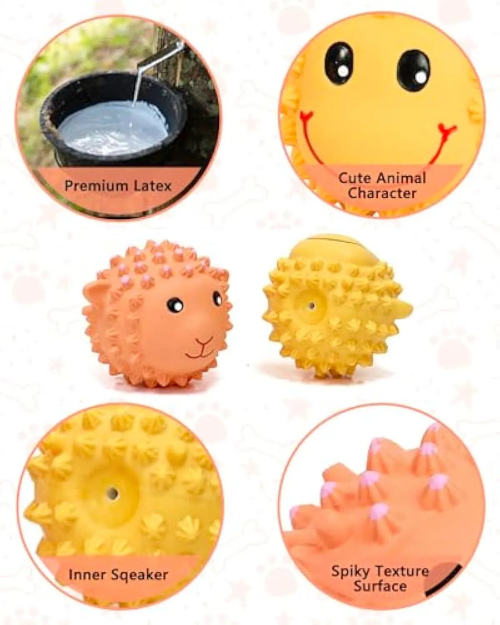 Set of four spiky orange and yellow latex squeaky animal dog toys for fetch and teeth cleaning.